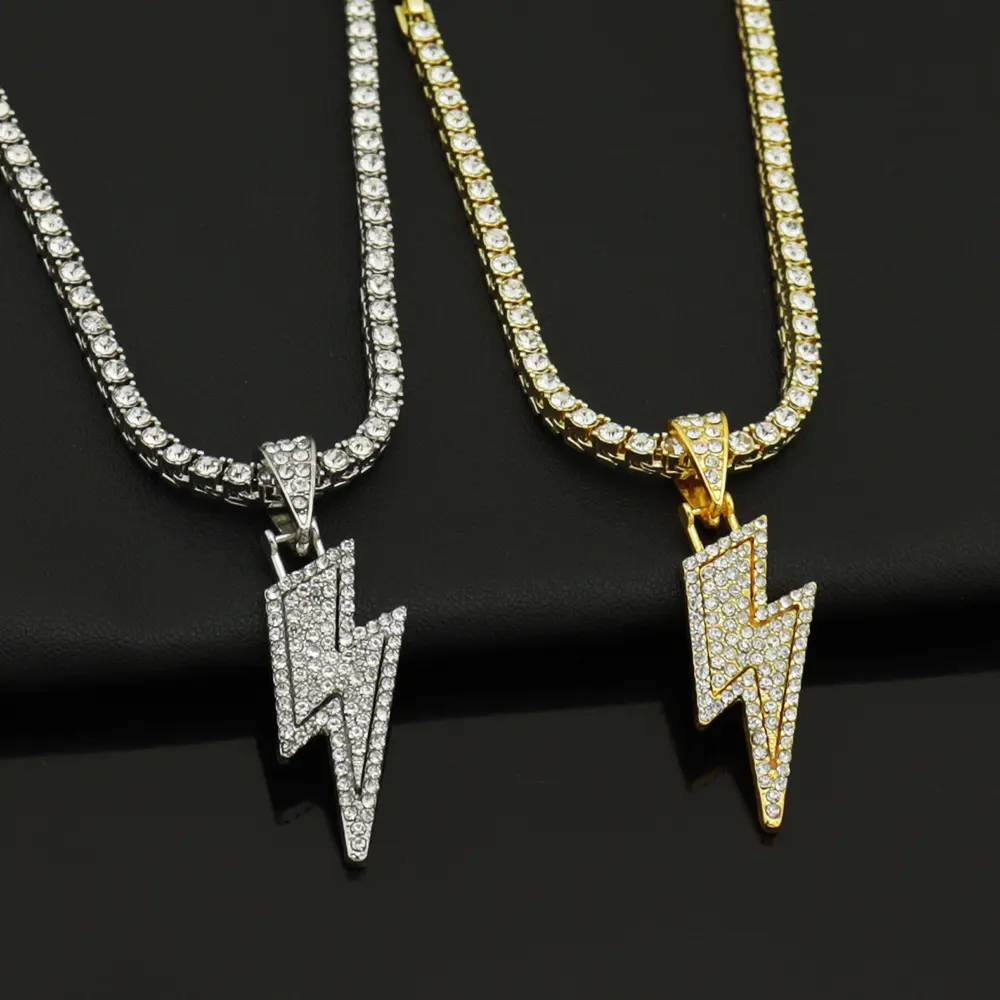 Men Women Hip Hop Lightning Pendant Necklace Crystal Cuban Chain HipHop Iced Out Bling Necklaces Fashion Charm Jewelry Gifts for Women