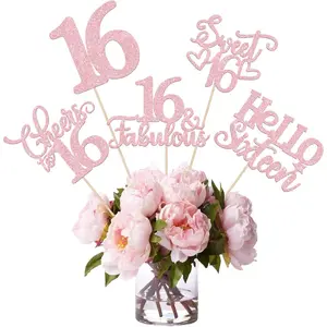 15 PCS 16th Birthday Centerpiece Sticks Sixteen Happy 16 Table Flower Centerpieces Sticks Cheers to 16 Sweet 16 Centerpieces Floral Decorations for 16th Birthday Party Centerpieces Supplies Light Pink