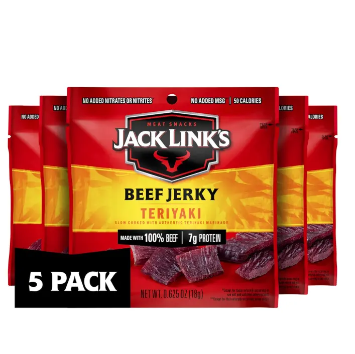 Jack Link's Teriyaki Beef Jerky Multipack - (5 Pack) 0.625 oz Bags - Ready to Eat Real Meat Protein Snacks - 7g Protein per Serving - Made with 100% Real Beef