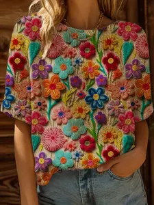 Spring Summer Knit Top, One Shoulder Straps, Colorblock Cartoon Floral Print Short Sleeve Fitted, Casual Elegant Commute Wear, Bohemian Boho Beach Style Vibe