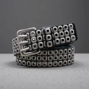 Virtus Noir Black Studded Genuine Leather Belt,Y2K Silver Metal Grommet Belt for Men Women Punk Rock Style for Jeans Pants