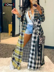 Women's Plaid Print Button Front Longline Shirt, Casual Patchwork Long Sleeve Collared Outerwear for Fall & Winter, Ladies Clothes for Daily Wear, Casual Classy Fashion