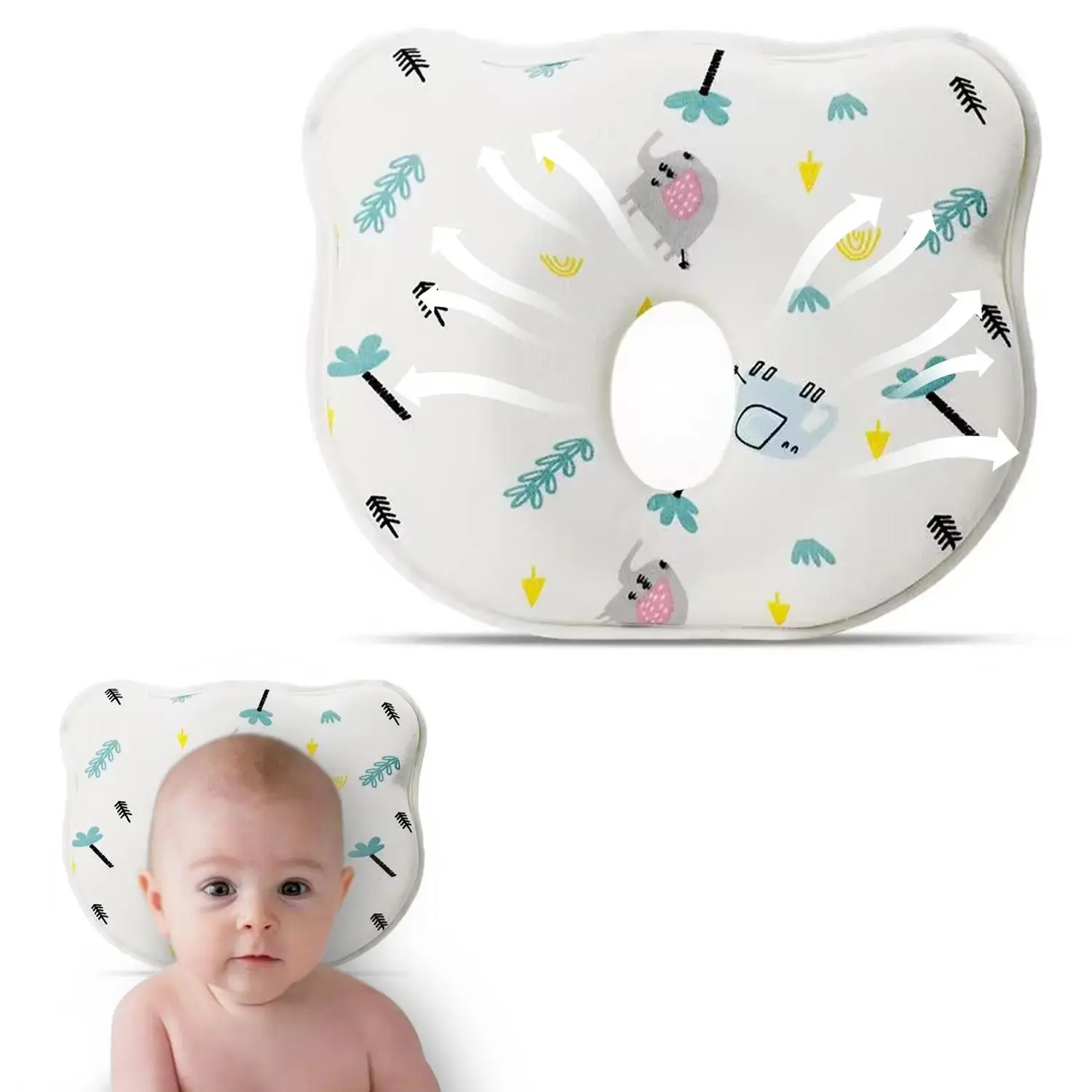 Memory Foam Infant Pillow with Cute Pattern,Breathable Fabric Set for Little Boys and Girls to Avoid Flat Head