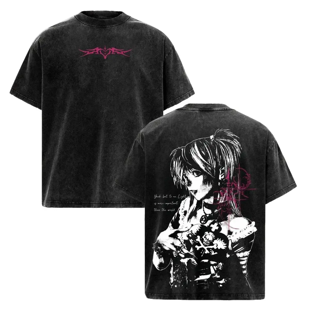 Misa Amane Death Note Unisex couple T-shirt, Vintage Washed Gothic Anime Double Graphic Tee, Dark Aesthetic Oversized Shirt, Unisex Streetwear