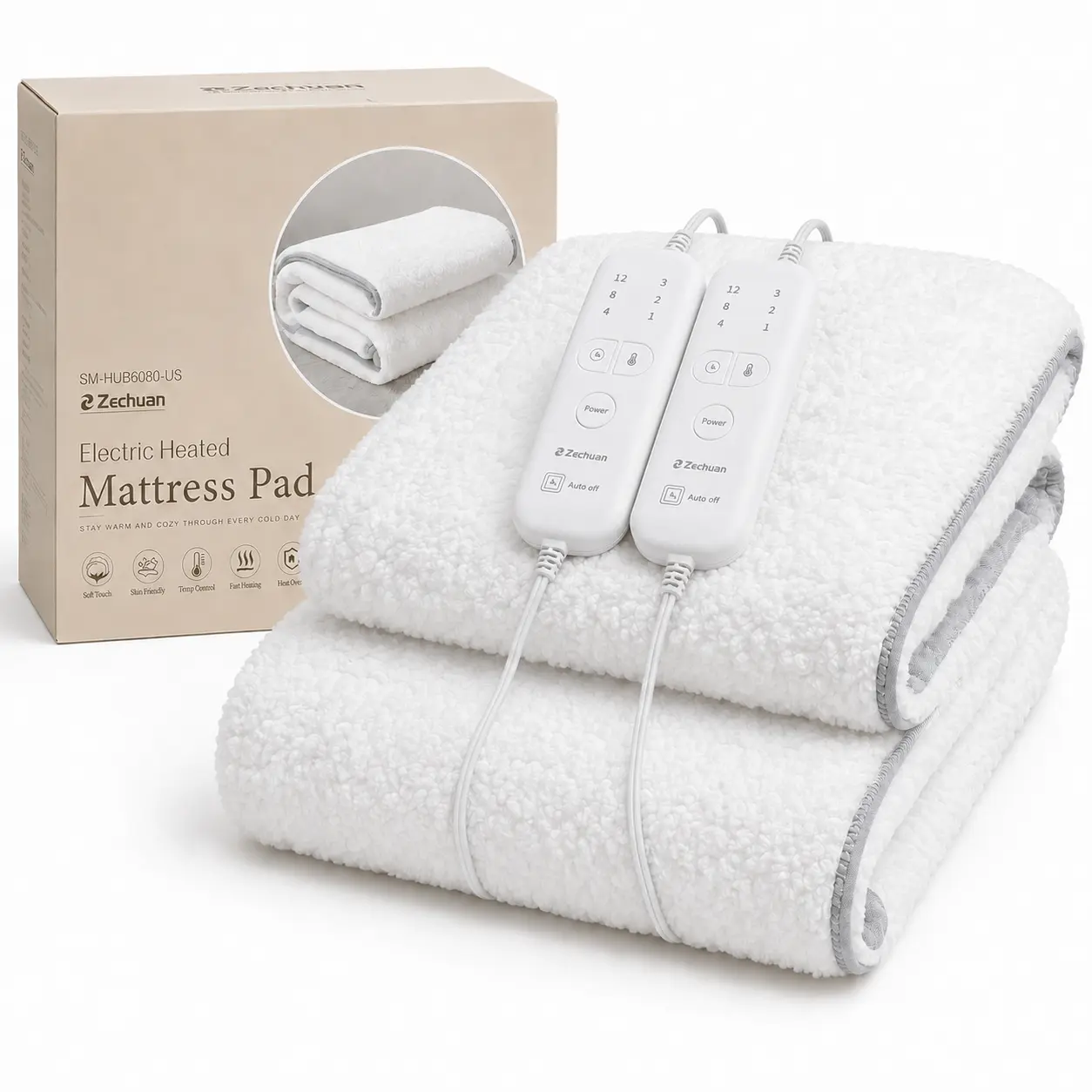Queen Heated Mattress Pad with 2 Controllers, 60 x 80 Inch White Sherpa Electric Bed Warmer, Independent Dual Heating Zones, 3 Temperature Settings, 4/8/12 Hour Auto-Off, 18" Deep Pocket