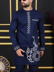 Men's Ethnic Pattern Pocket Long Sleeve Top & Drawstring Waist Pants Set, Regular Fit Casual Fashion Split Hem Top & Trousers Two-piece Outfits for Party Daily Wear, Menswear for All Seasons Clothes