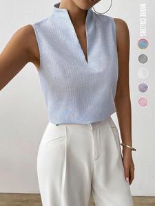 women's striped print curved hem tank top, casual fitted sleeveless top for work office business, ladies clothes for summer, womenswear, seamless sleeveless, casual notched neck