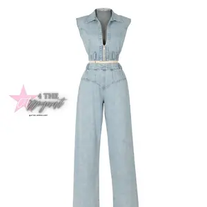 Denim Two Piece Outfit - Stylish Denim Jumpsuit with Wide Leg Pants for Women
