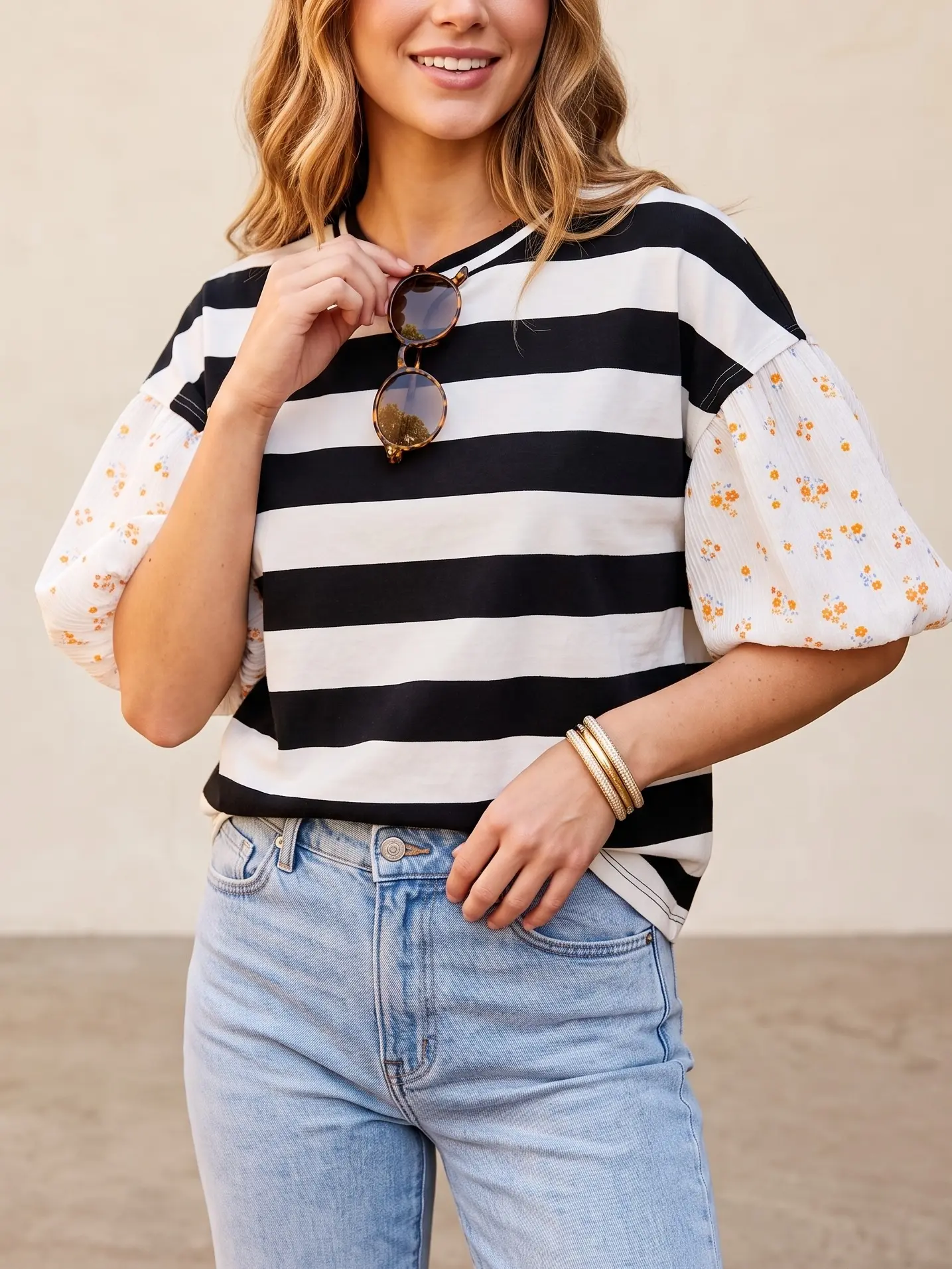 Black Stripe Floral Print Puff Sleeve Patchwork Blouse