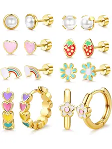 8 Pairs Hypoallergenic Earrings for Women Trendy Surgical Steel Flat Back Earrings for Sensitive Ears Cute Daisy Small Hoop Earring Flower Strawberry Butterfly Heart Screw Back Stud Earring Sets Ear Studs Earrings Jewelry