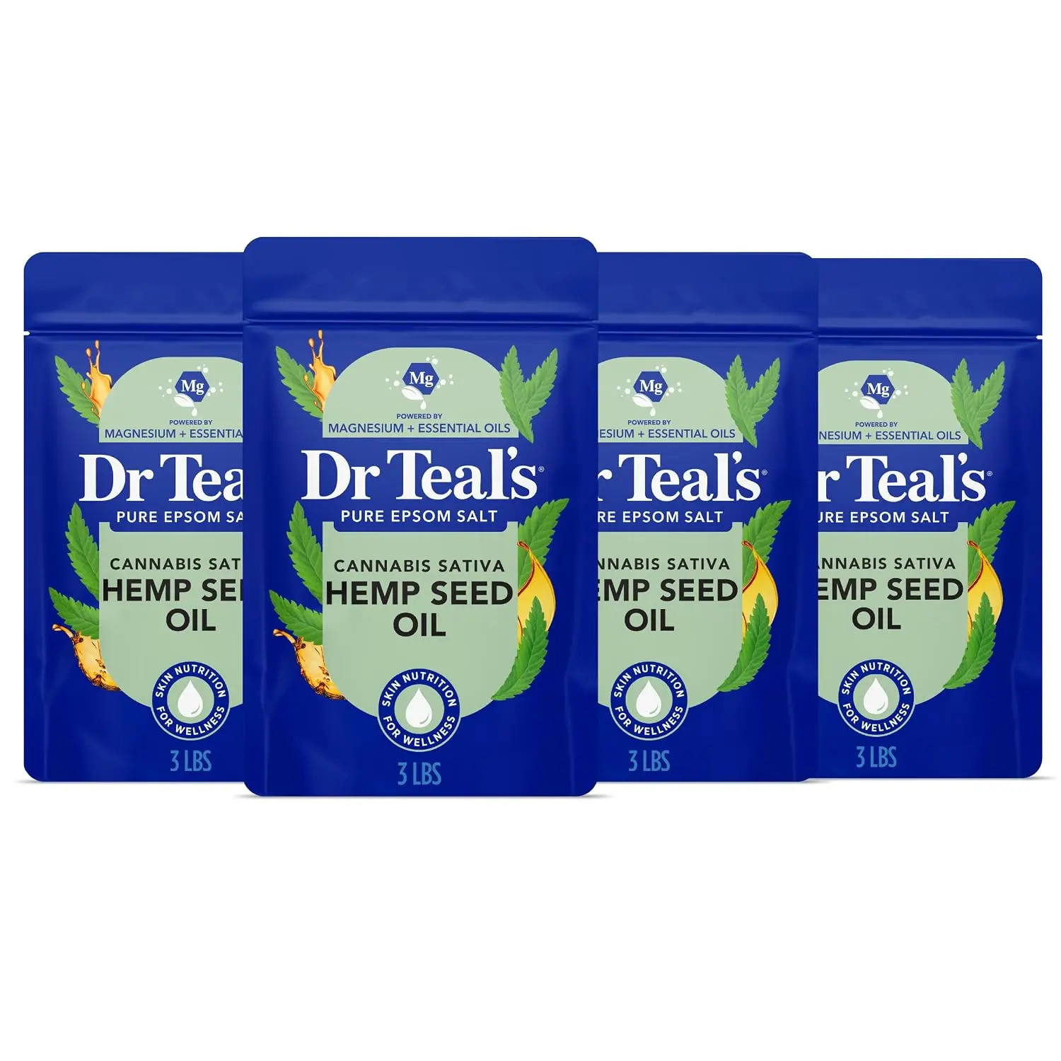 Dr Teal's Pure Epsom Salt, Cannabis Sativa Hemp Seed Oil, 3 lb (Pack of 4)