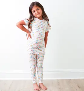 Bestaroo Kids Bamboo Pajama Set, Short Sleeve Top + Long Pants, Soft Stretch 93% Bamboo, Breathable Snug Fit Sleep and Lounge PJs, Let's Be Friends, Size [Add Size]