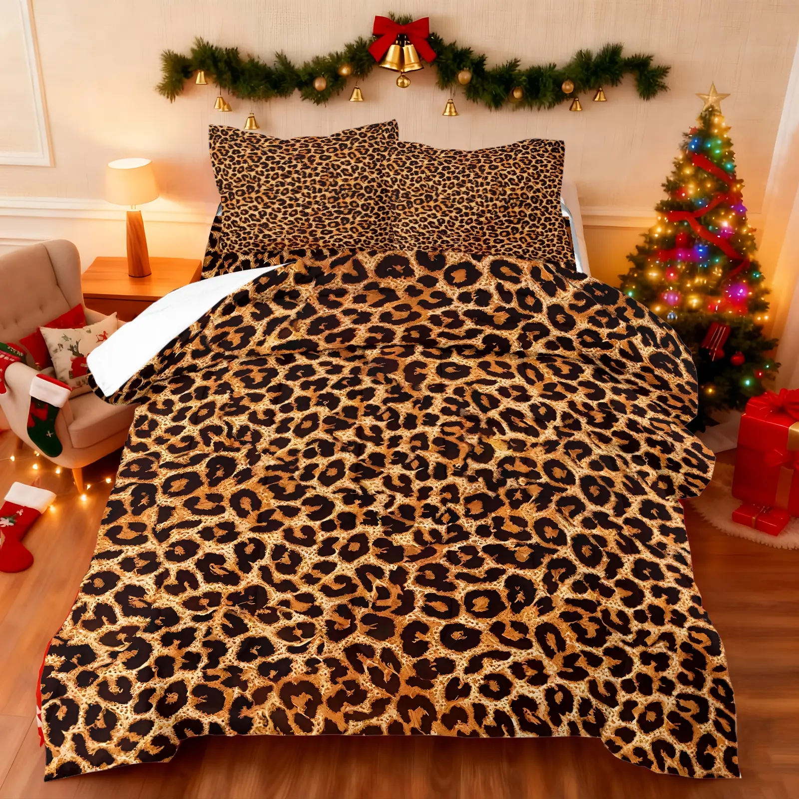 Vintage-style wild leopard print quilted comforter and 1/2 pillowcase (filling not included), suitable for family bedrooms and hotels, Printed Bedding Set, Bed Sets