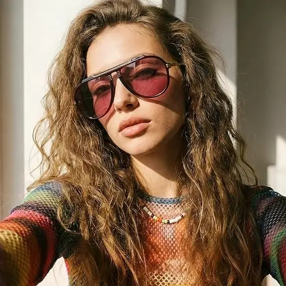 Women's Oversized 70s Retro Gold Metal Tangle-Free Square Aviator Sunglasses, 1-2Pcs 2026 Stylish Eyewear for Men, Fashion Accessories, Womens Sunglasses