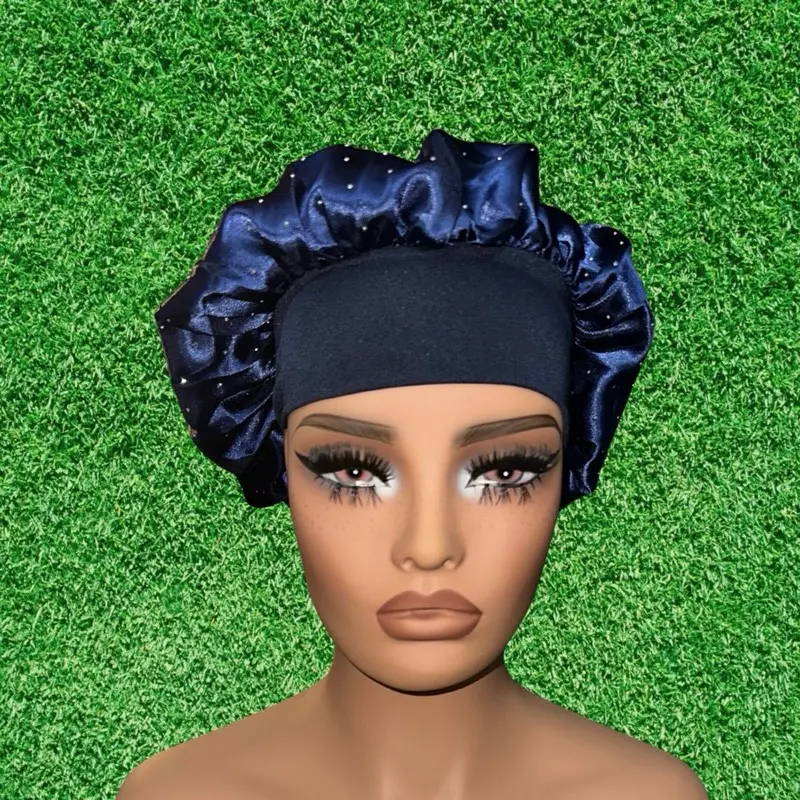 Sparkle Bonnet - Blue Stretchy Breathable Satin Silk Cap Bonnet with Rhinestones One Size Fits All Washable
