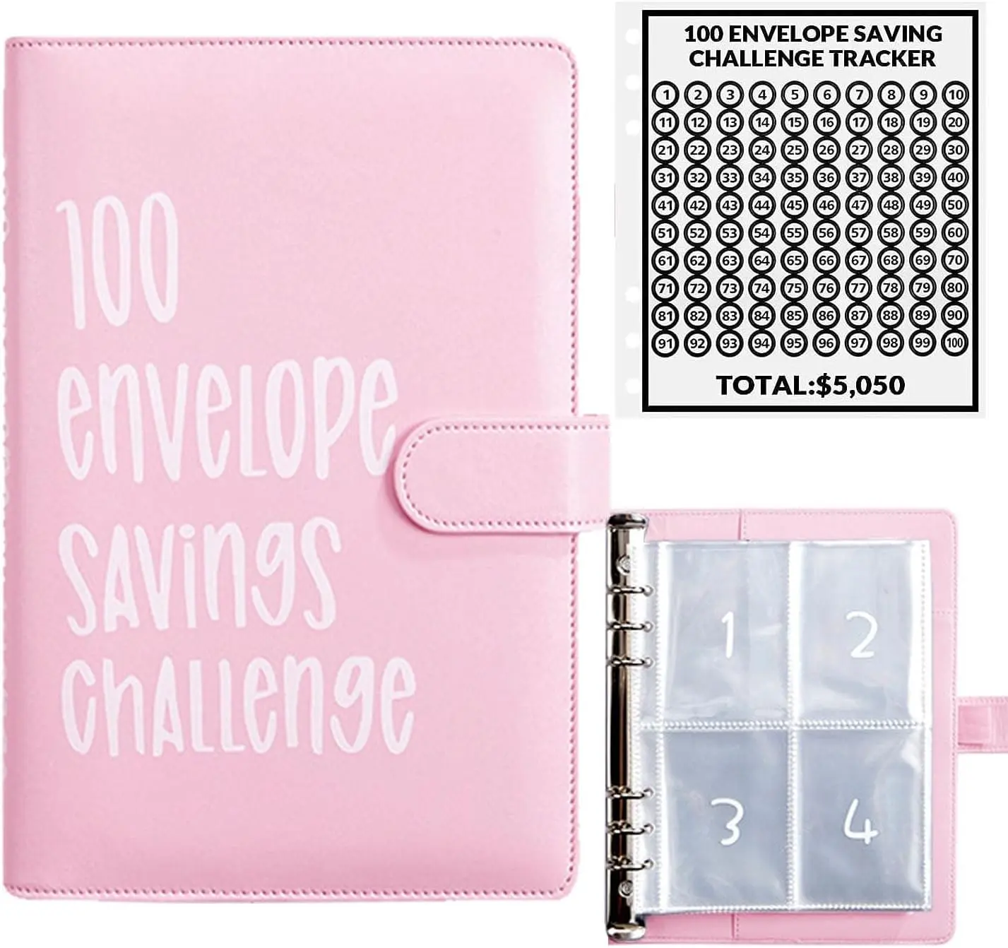 100 Envelopes Money Saving Challenge, 100 Envelope Challenge Binder, Easy and Fun Way to Save $5,050, Savings Challenges Budget Book Binder with Cash Envelopes for Office,Home,School (Pink)