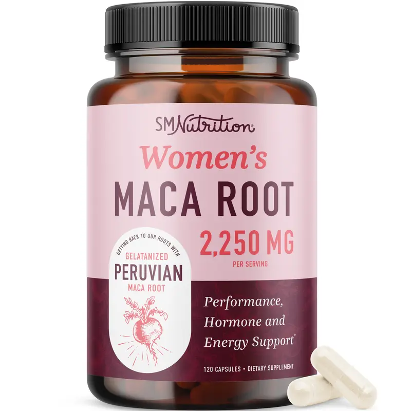 SM Nutrition Women's Organic Maca Root Capsules 2250mg Gelatinized Peruvian Maca for Performance Energy & Hormone Balance 120 Capsules