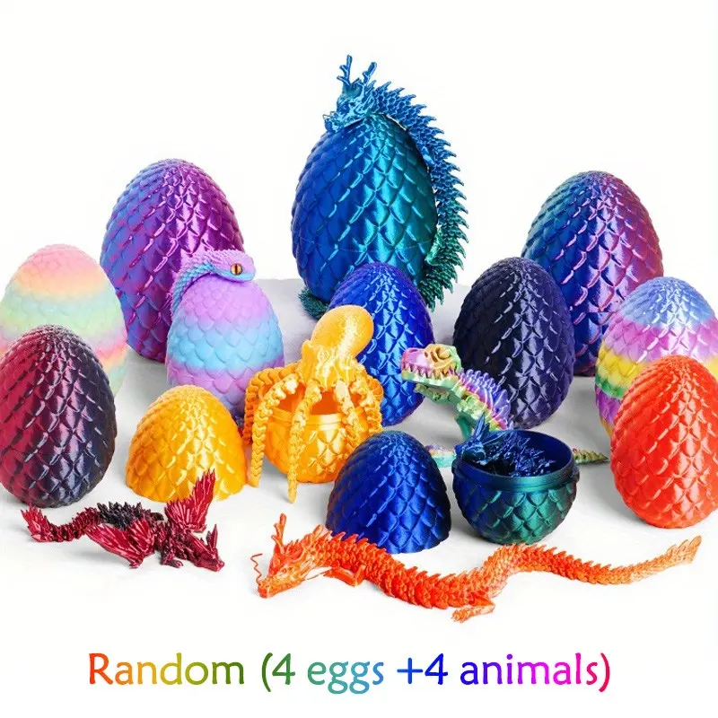 8-Piece Miniature Set, 3D Printed Surprise Egg Models, Random 4 Eggs + 4 Animals, Movable Joint Anime Figurines, Desk Decor, Holiday Gifts!