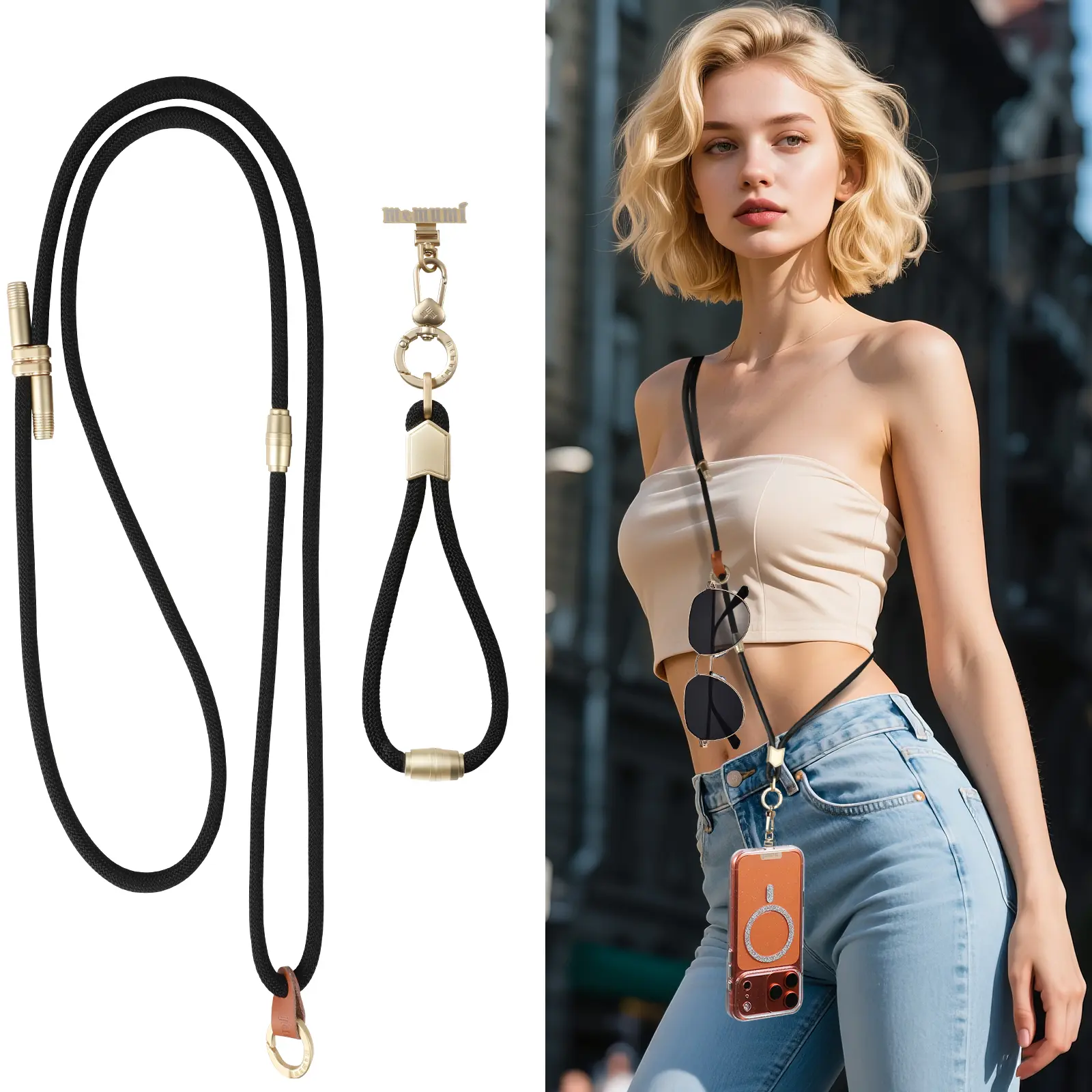 memumi 3 in 1 Universal Phone Lanyard, 3 Styles,  Short Phone Strap for  Smartphone, Neck Phone Strap, Cellphone Cross-body lanyard Metal Black