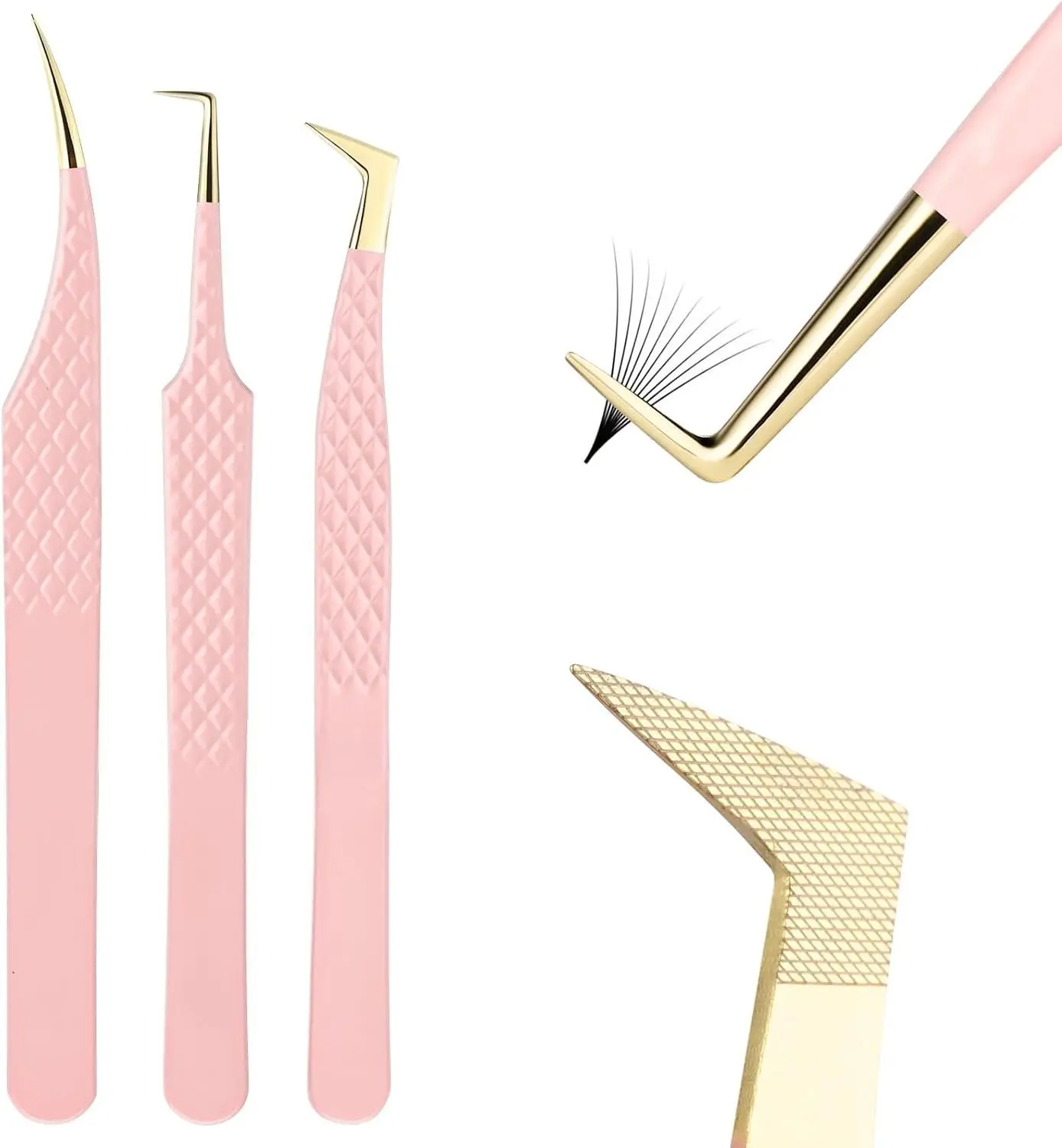 Lash Tweezers Set for Eyelash Extensions - 3 Precision Fiber Tip  Grip, Volume,L-shape Boot, 90  Lash Tweezers for Volume Classic Lashes Premade Fans (3)