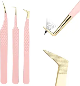 Lash Tweezers Set for Eyelash Extensions - 3 Precision Fiber Tip  Grip, Volume,L-shape Boot, 90  Lash Tweezers for Volume Classic Lashes Premade Fans (3)