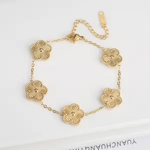 FASHION4U -  Stainless Steel Laser Five Leaf Flower Petal Adjustable Clover Bracelet Classic for Woman Girl Brand Jewelry Party Gift