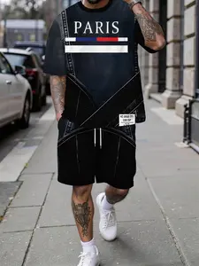 Men's spring and summer casual short-sleeve sets, PARIS letter printed trendy and fashionable short-sleeve sets, vacation-style trendy outfits, breathable sporty and casual style, the perfect holiday gift for men