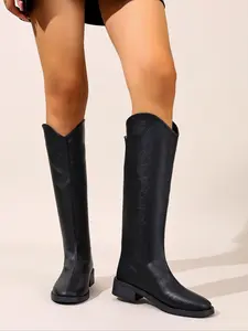 Women's Black Leather Knee - High Western Boots, Classic Y - Shaped Top Design, Low Chunky Heel, Western Retro Style, Autumn - Winter Footwear, Comfortable Fashion Walking Shoes, Versatile All - Match Leisure Boots, Trendy Season - Transiting Booties