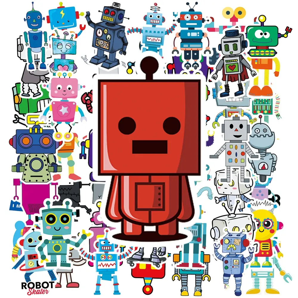 50Pcs Cartoon Robot Vinyl Stickers, Colorful Sci‑Fi Robot Decals, Waterproof Cute Robot Sticker Pack for Car Window Dashboard, Helmet, Laptop, Water Bottle, Skateboard, Journal, Phone Case, Kids Boys Teens Science Themed Decor, Party Favor Gifts
