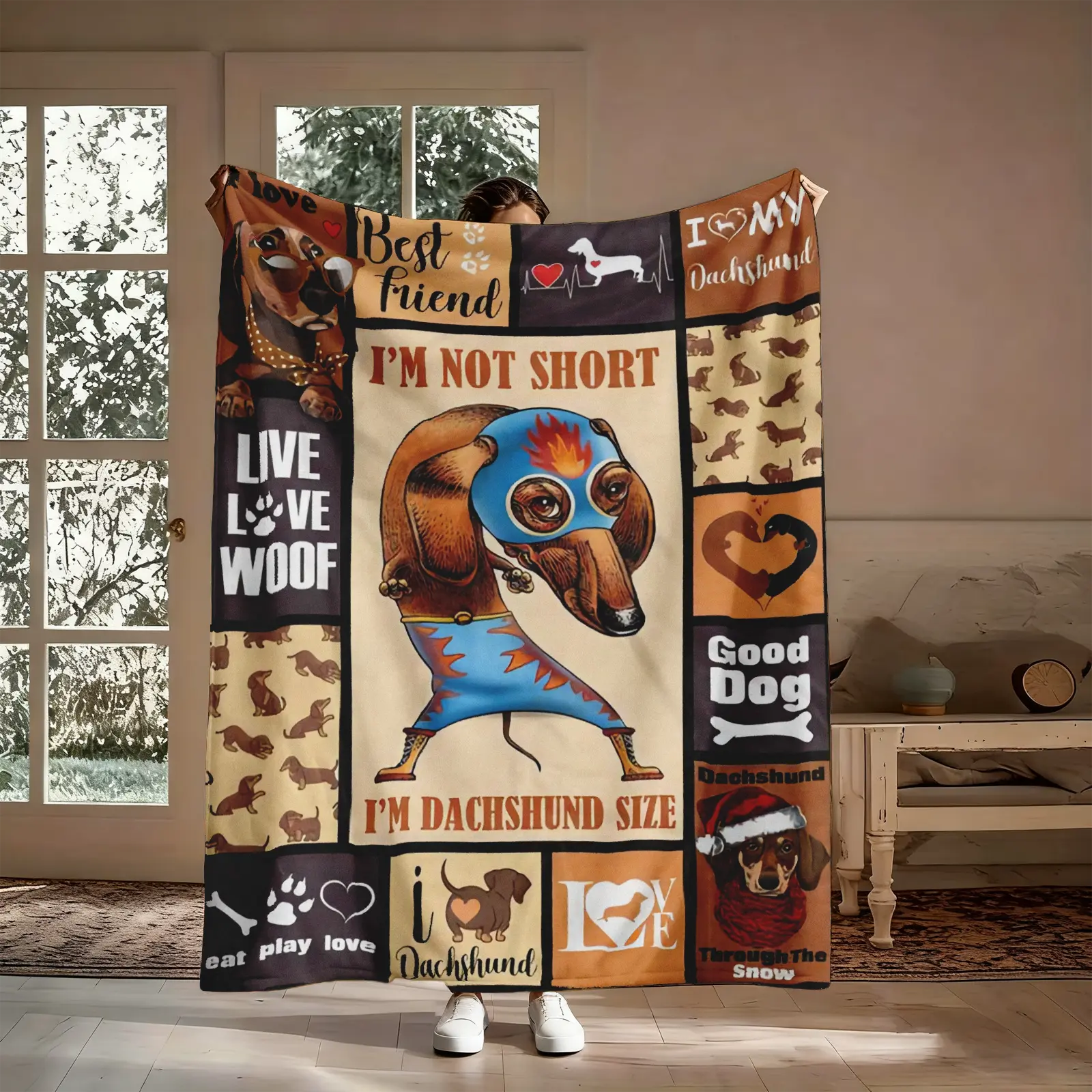 Dachshund Dog Patchwork Best Friend Pattern Blanket, 1 Count Soft Warm Flannel Throw Blanket, Cozy Nap Blanket for Home Office Travel