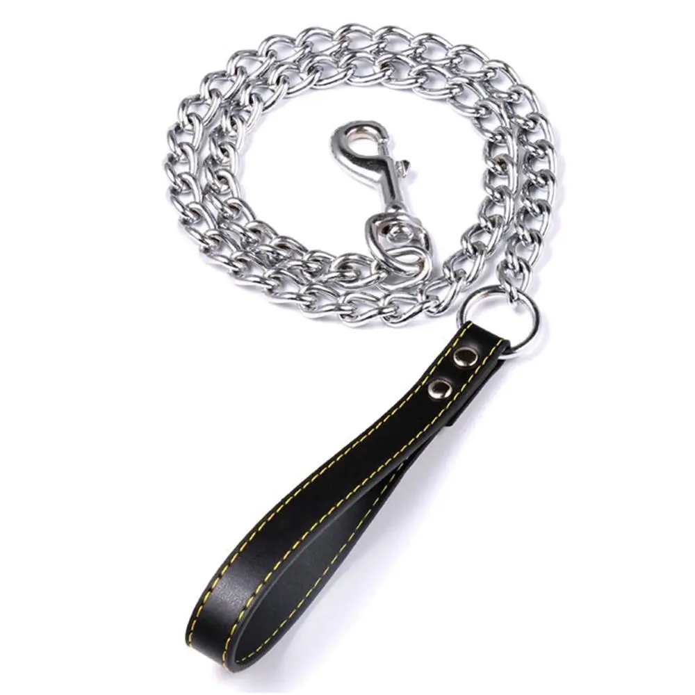 Metal Chain Dog Lead with Leather Style Handle Strong Control Puppy Leash Iron Dog Pets Supplies Collars Harnesses Chain Traction Rope