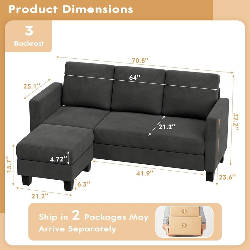 Couch Sectional Sofa with Ottoman for Living Room | Dark Grey