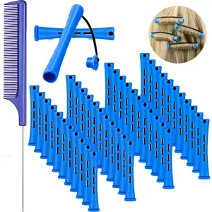 48 Pieces Short Cold Wave Rods, 0.35 Inch Plastic Perm Rods (Blue & Dark Blue) with 1 Steel Pintail Comb, Heatless Hair Curling Rollers for Hairdressing Styling Supplies
