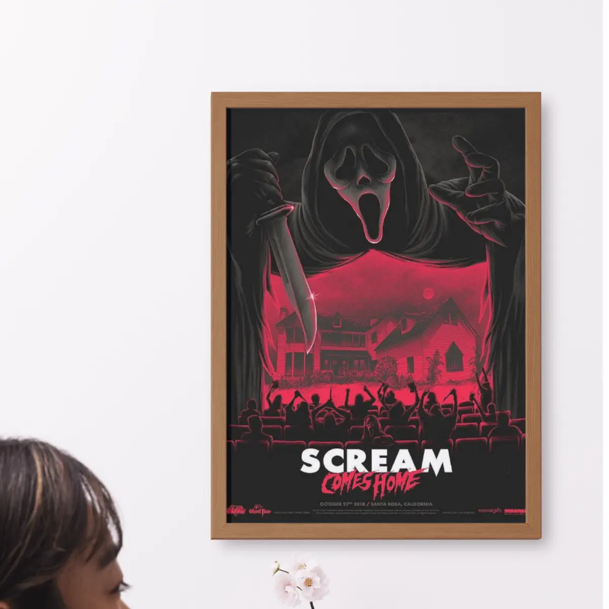 Retro Horror Poster, Masked Killer Wall Art, Vintage Slasher Movie Decor, Black Red Halloween Room Decoration