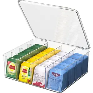 Tea Bags Organizer with Lid Extra Large Tea Bag Holder 16 Adjustable Compartments Clear Stackable Tea Bag Storage Box for Tea Bags Coffee Bar Pantry & Kitchen Counter