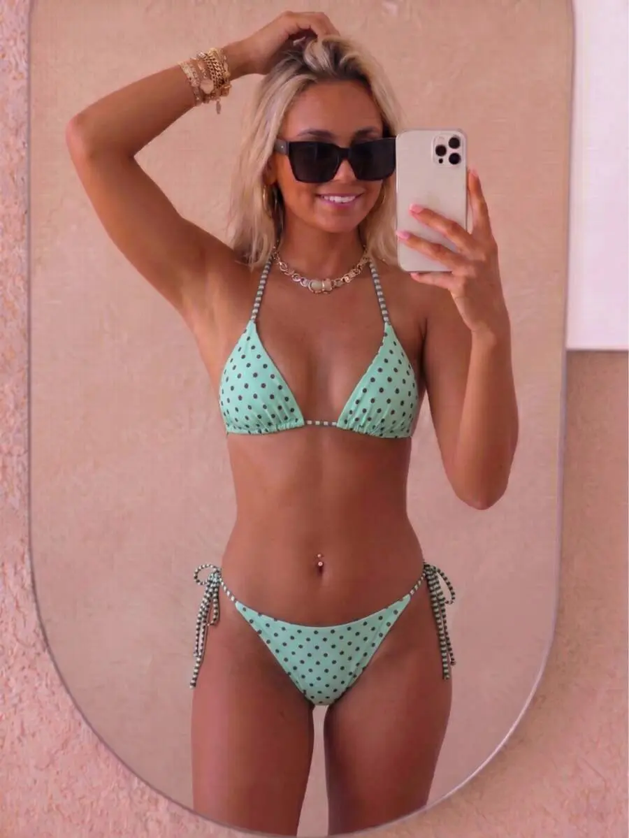 Women's Cute Mint Green Polka Dot Print Sexy Bikini Swimwear, Random Floral Print Beach Holiday Swimwear, Summer