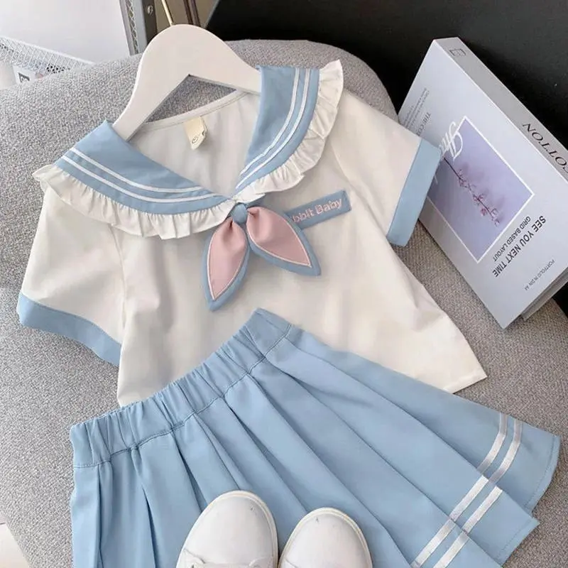 2024 Summer Girls' Short-Sleeve 2-Piece JK Student Uniform - Kawaii Shirt & Pleated Skirt, Blue/Pink, for 4-15 Years Old (Specialty DIY Outfit Supply)