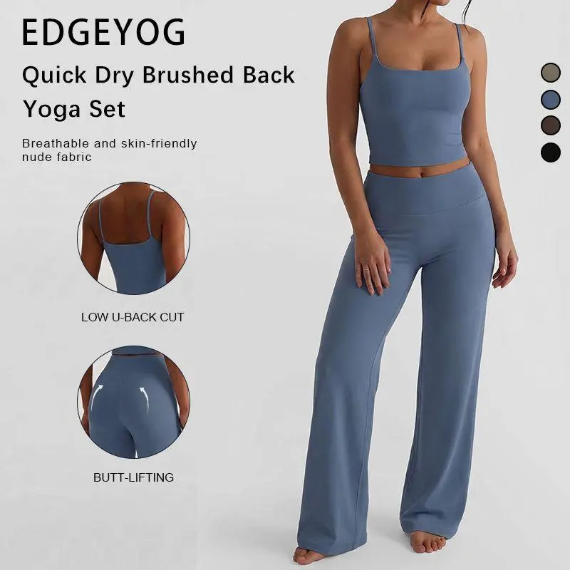 EDGEYOG Women's Knitting 2-Piece Quick Dry Sports Set - Everyday Active Athletic Clothes, Padded Tank Top, High-Waist Above-The-Knee Straight Leg Pants, Aesthetic Yoga Co-Ord for Pilates, Gym Workout