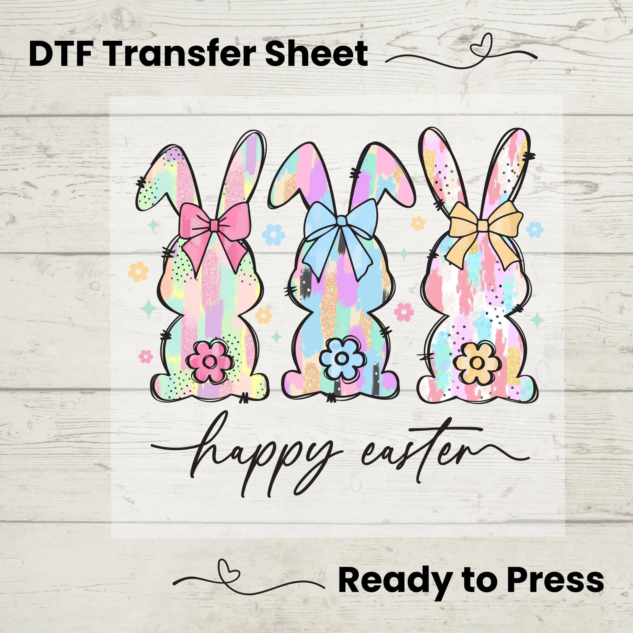 Pastel Easter Bunny DTF Transfer Sheet - Happy Easter Bows & Brushstrokes