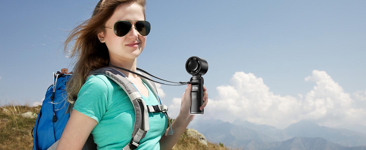 Portable Handheld Turbo Fan, 5 Speeds Ice Cooling Mode, Up to 12H Runtime, 3-in-1 Personal Fan with LED Display & Cooling Plate, Battery Operated Travel Fan for Outdoor, Beach, Gym - Summer Hot Must-Have