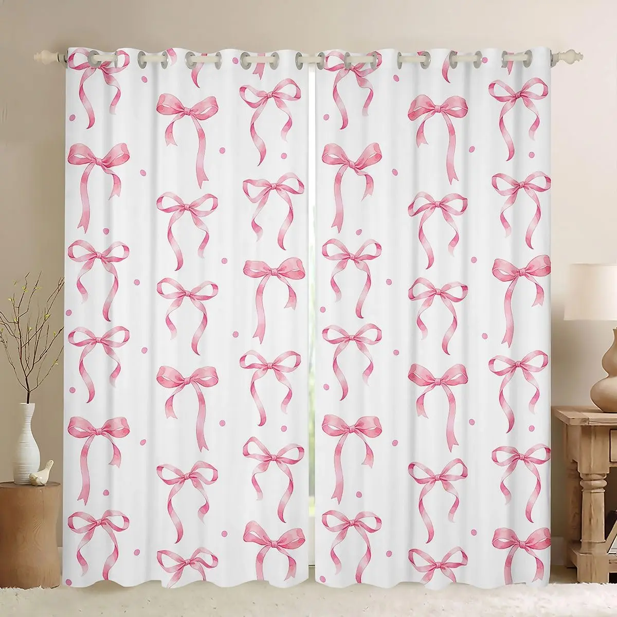 Girls Bow Blackout Curtains Pink Bowknot Darkening Drapes for Bedroom Living Room Dreamy Princess Thermal Insulated Shades Coquette Aesthetic Window Treatments,2 Panels Cute