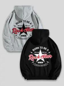 Men's Rock Star Print Hoodie, Casual Regular Fit Long Sleeve Hooded Sweatshirt, Men's Spring & Fall Clothes
