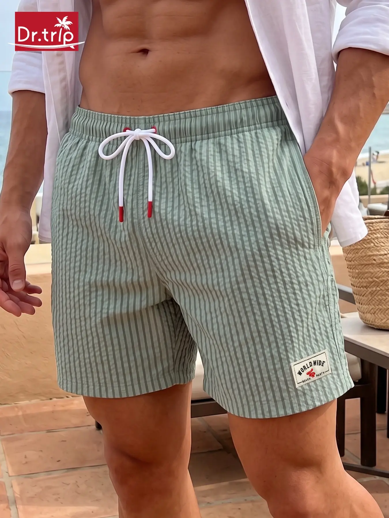 Men's Beach Shorts, Swimwear Shorts, Swim Shorts, Swim Trunks, Summer Swim Bottoms, Breathable Swim Shorts, Lightweight Beach Trunks, Bubble Mesh Fabric, Classic Stripes, Loose Fit, Drawstring Waist, Casual Style, Short Length, Natural Waist
