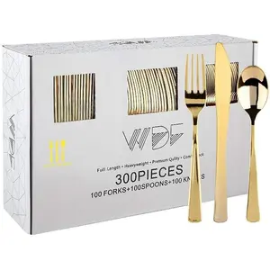 300 Pieces Gold Plastic Silverware - Heavy Duty Disposable Cutlery Set Includes 100 Forks, 100 Spoons, 100 Knives for Party Baby Shower Wedding Spring