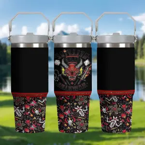 1pc 30oz Stainless Steel Insulated Mug with Stranger Things/Hellfire Club Skull Print Design, featuring a handle and straw. Perfect for coffee, tea, and cold drinks. A personalized birthday/holiday gift, ideal for outdoor camping