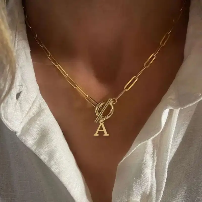 Convertible Link & Chain Initial Necklace, Stainless Steel Paperclip Chain with Toggle Clasp, Minimalist Personalized Letter Pendant, Clean Girl Aesthetic Layering Jewelry, Gift for Bestie, Mom, Sister, Daughter & Family
