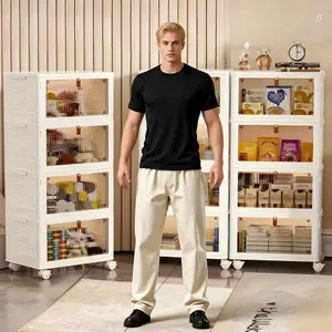 Plastic Storage Box and Organizer, Stackable Lid for Bedroom Living Room Office, Foldable Container Snack Rack Cabinet Home Kitchen Multi-Layer Mobile Modern Storage Organizer