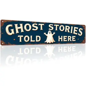 Ghost Stories Told Here Rustic Halloween Metal Tin Sign Wall Decor For Farmhouse, Halloween Parties, Entryway, Living Room Decorative Signs & Plaques 4x16 Inch