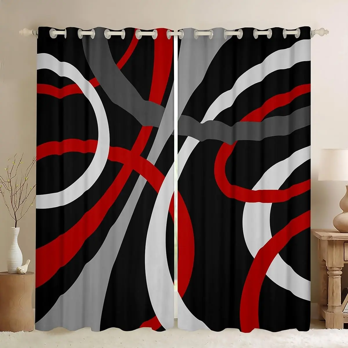 Kids Red Black Gray Geometric Curtains Retro Circle Swirls Window Curtains Circle Stripes Geometric Blackout Curtain Geometric Abstract Window Treatments,2 Panels