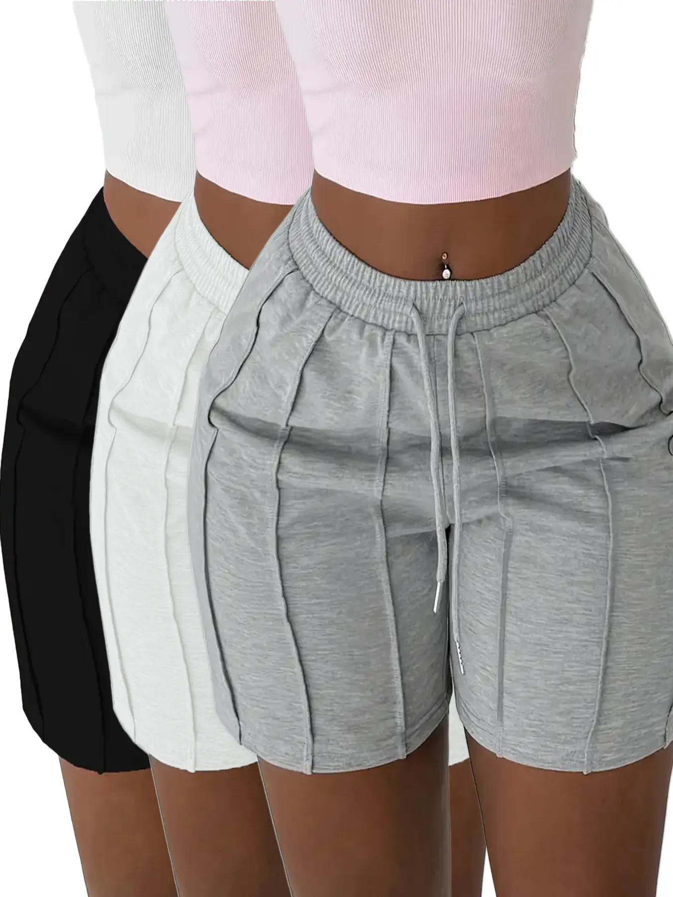 3-pack solid-color drawstring athletic shorts with elastic waistband, suitable for women’s casual wear in spring, summer, and autumn.